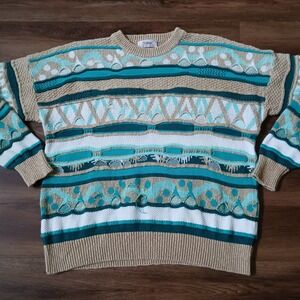 Vintage Titleist by Corbin 3D Knit Sweater Mens XL Teal Tan Cotton Made in USA
